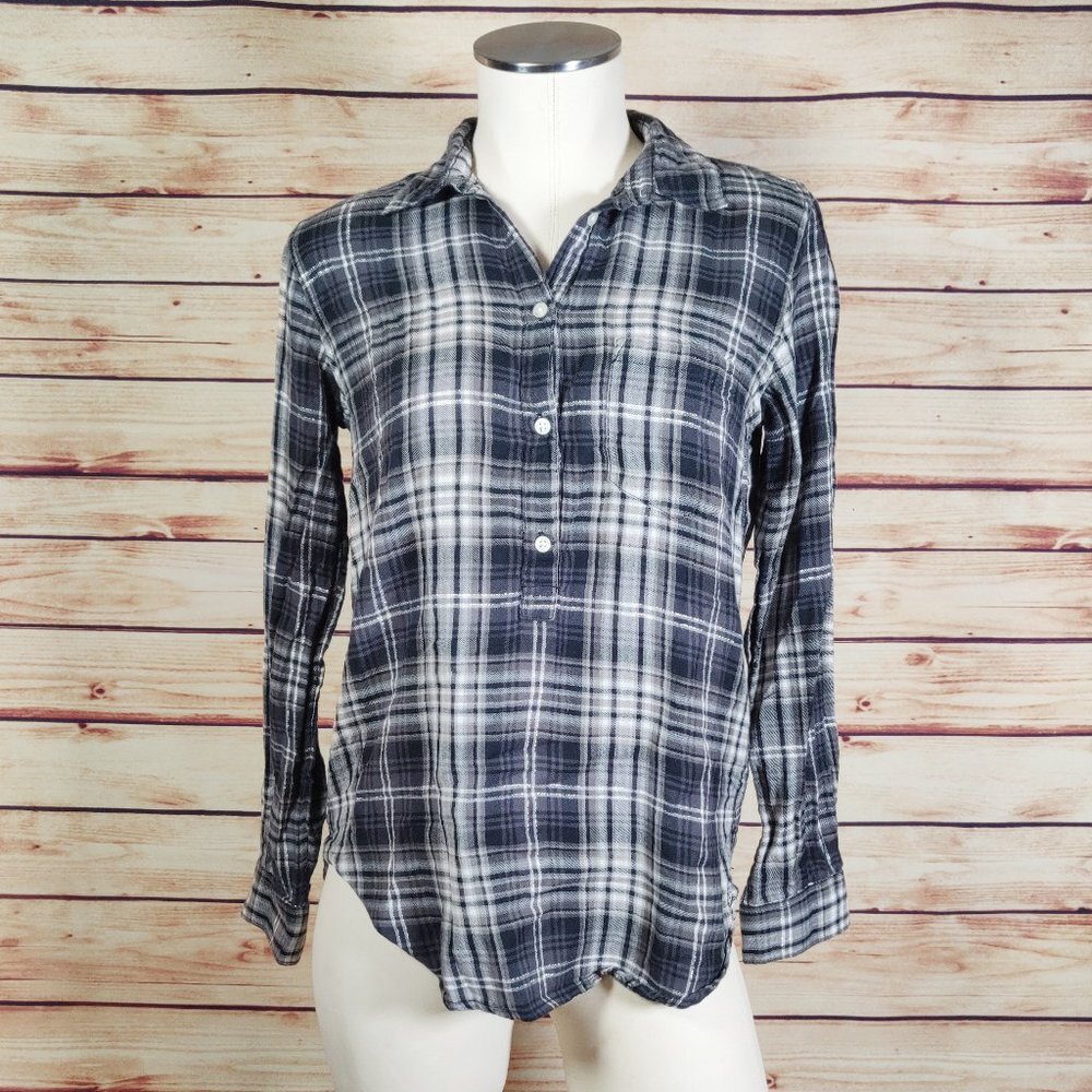 Grey GAP Plaid Flannel Roll Tab 3/4 Sleeve Blouse with Silver Accent Thread